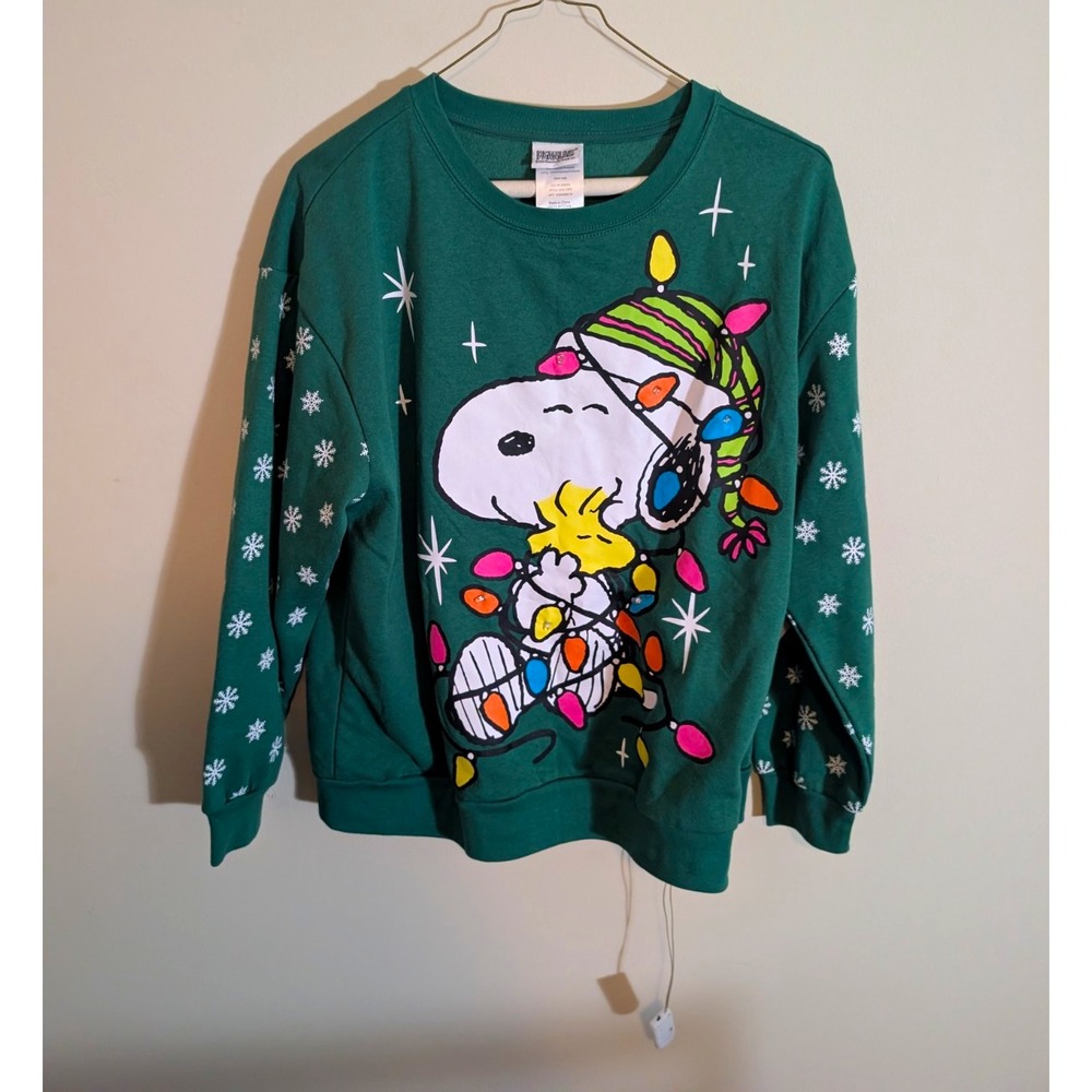 Peanuts Womens 2XL Green Fleece Sweater Snoopy Woodstock XMAS Crewneck Broke NWT